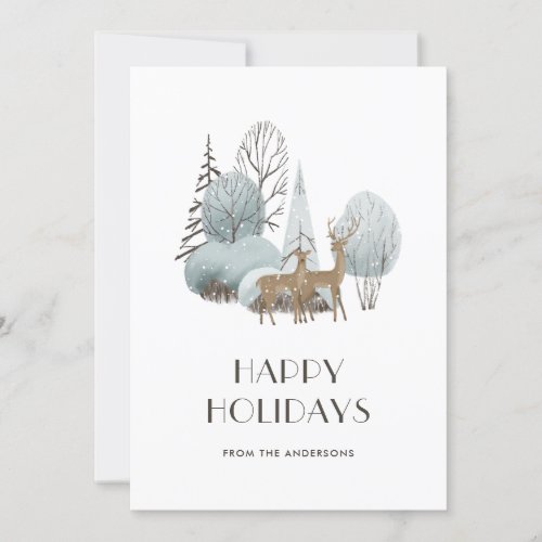 Watercolor Snowy Winter Scene Forest Deer Holiday Card