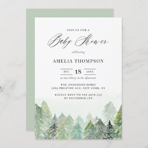 Watercolor Snowy Woodland Winter Baby Shower Invitation