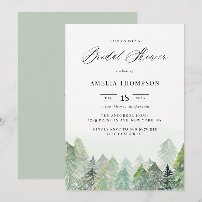 Watercolor Snowy Woodland Winter Bridal Shower Invitation (Front/Back)