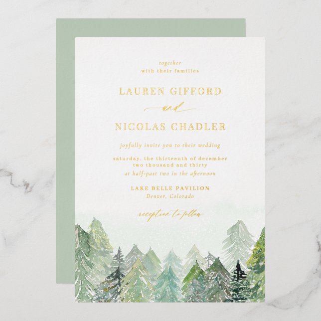 Watercolor Snowy Woodland Winter Wedding Foil Invitation (Front/Back)