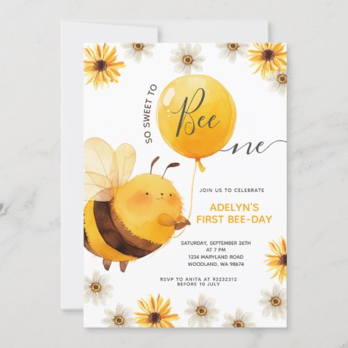 Watercolor So Sweet to Bee ONE Birthday Party Invitation