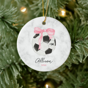 Watercolor Soccer Ball with Pink Coquette Bow Ceramic Ornament