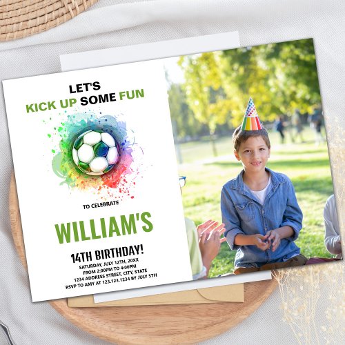 Watercolor Soccer Birthday Invitations with photo