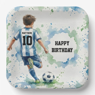 Watercolor Soccer Boy Birthday Blue Paper Plates
