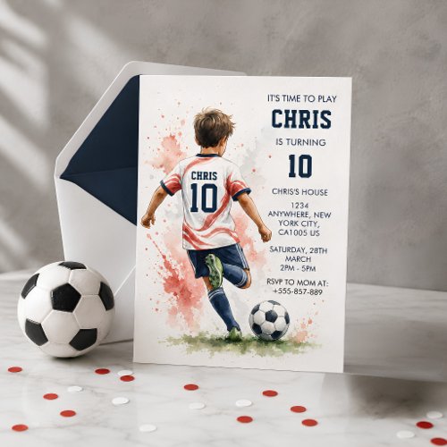 Watercolor Soccer Boy Birthday Party Invitation