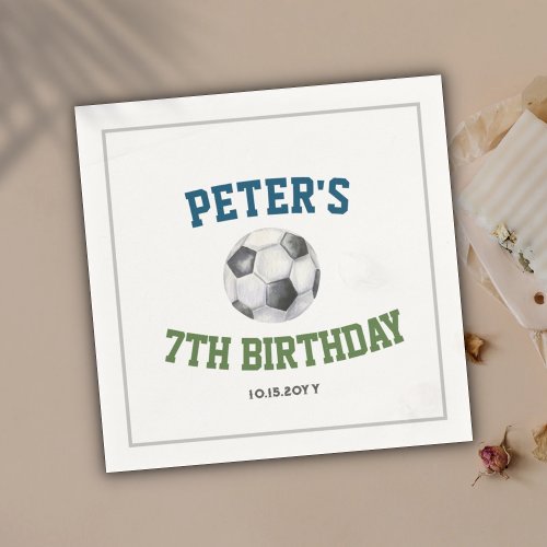 Watercolor Soccer Custom Kids Birthday Party Napkins