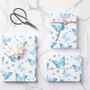 Watercolor Soft Blue Butterflies & Daisies Pattern Wrapping Paper Sheets