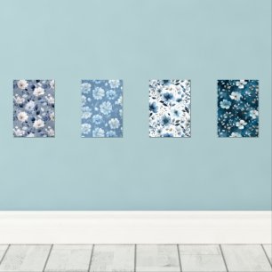 Watercolor Soft Blue Flower White Floral Pattern Wall Art Sets