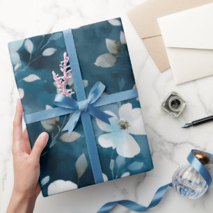 Watercolor Soft Blue Flower White Floral Pattern Wrapping Paper
