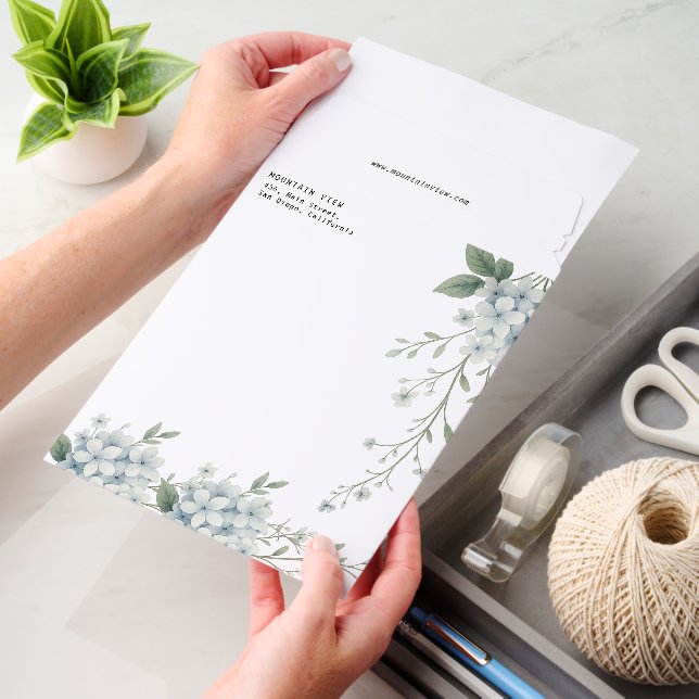 Watercolor Soft Blue Hydrangeas Botanical Envelope Mailers (Desk)