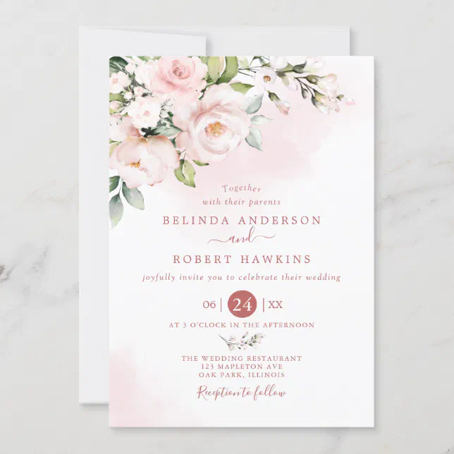 Watercolor Soft Blush Pink Flowers Wedding Invitation 