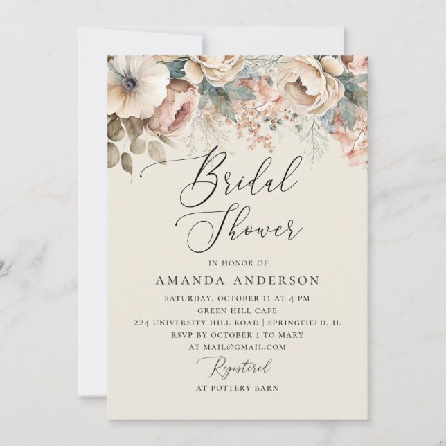 Watercolor soft boho floral wedding bridal shower invitation (Front)