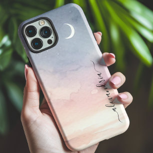 Watercolor Soft Crescent Moon With Name iPhone 15 Case