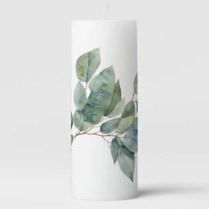 Watercolor soft green botanical leaf greenery pillar candle