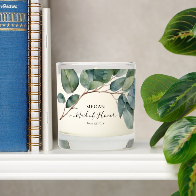 Watercolor soft green botanical leaf greenery scented candle (Shelf)
