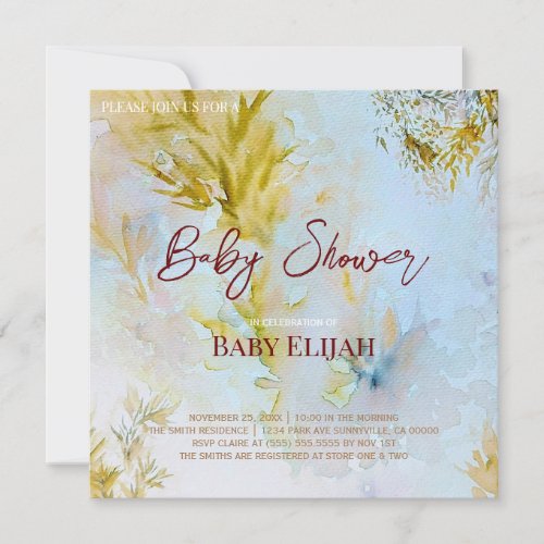 Watercolor Soft Heavenly Leaves Baby Shower Invitation