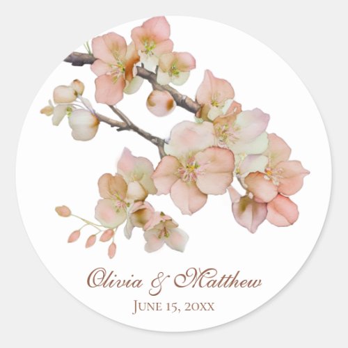 Watercolor soft orange pink spring blossoms classic round sticker