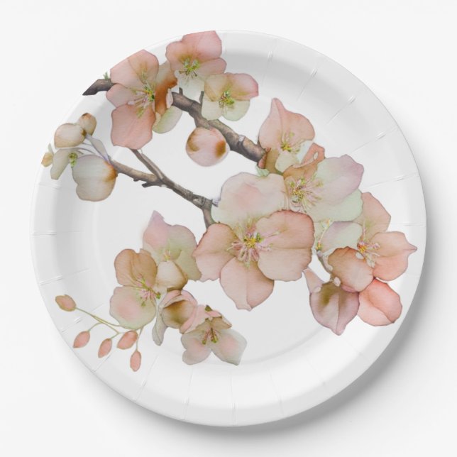 Watercolor soft orange pink tree blossoms paper plates (Front)