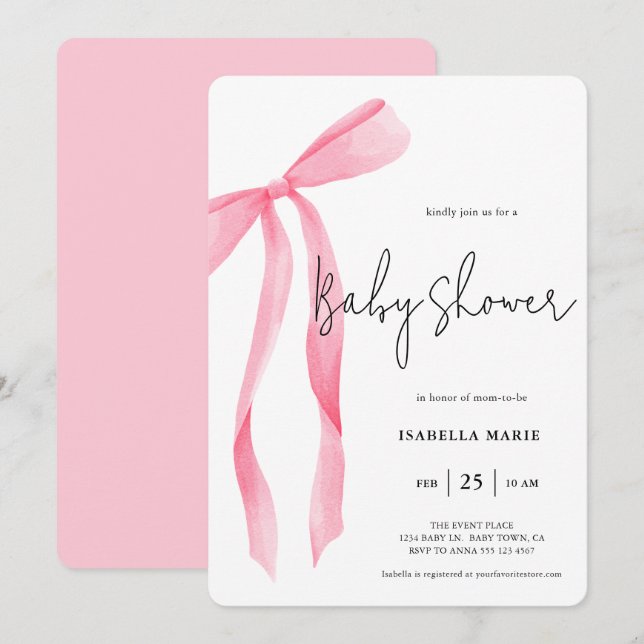 Watercolor Soft Pink Bow Baby Shower Invitation (Front/Back)