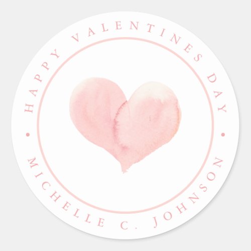 Watercolor Soft Pink Heart Happy Valentines Day Classic Round Sticker