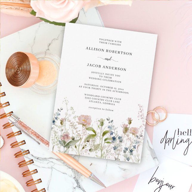 Watercolor Soft Pink Wildflower Floral Wedding Invitation (Creator Uploaded)