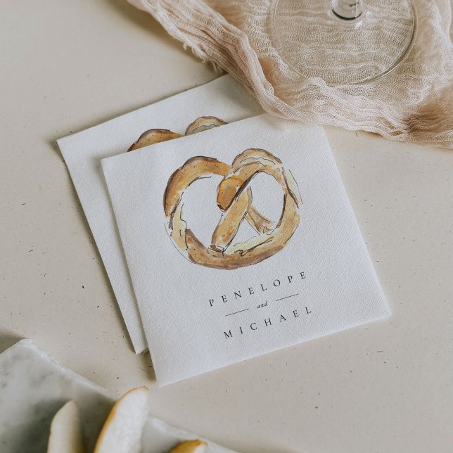Watercolor Soft Pretzel Personalized Wedding Napkins (Watercolor pretzel New York City wedding napkins.)