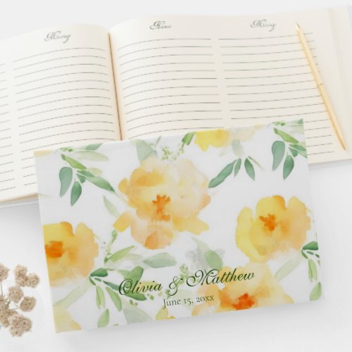 Watercolor soft tangerine orange yellow floral guest book