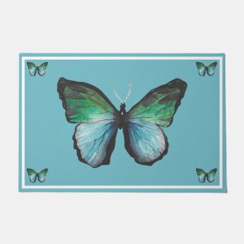 Watercolor Soft Teal Blue Emerald Green Butterfly  Doormat