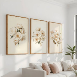 Watercolor Soft White Camellia Bouquets Wall Art Sets