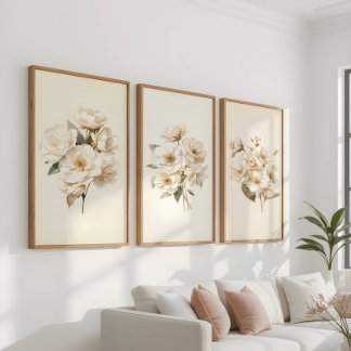 Watercolor Soft White Camellia Bouquets Wall Art Sets