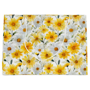 Watercolor Soft Yellow Daisy White Floral Pattern Large Gift Bag