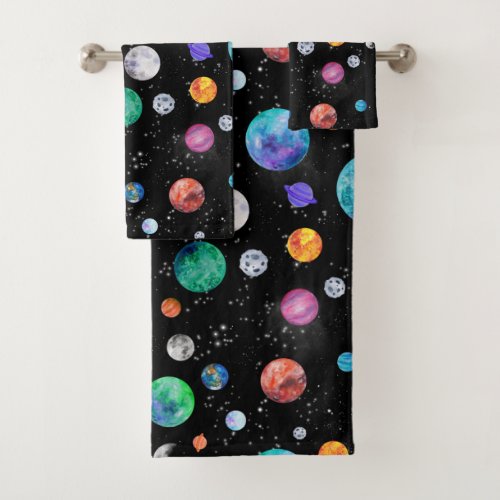 Watercolor Solar System Outer Space Planets Galaxy Bath Towel Set