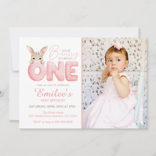 Watercolor Some Bunny is ONE photo Birthday  Invitation