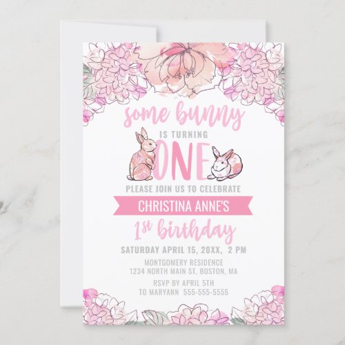 Watercolor Some Bunny Pink Floral 1st Birthday Invitation