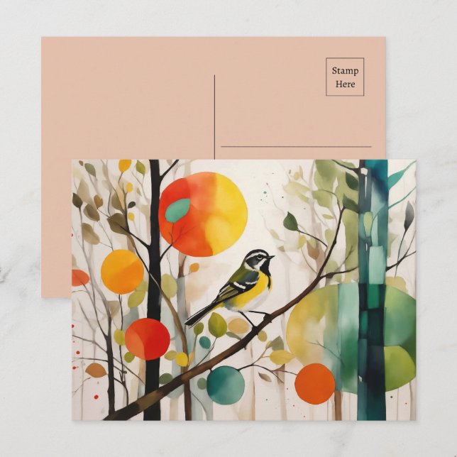 Watercolor Songbird In Autumn Forest Postcard (Front/Back)
