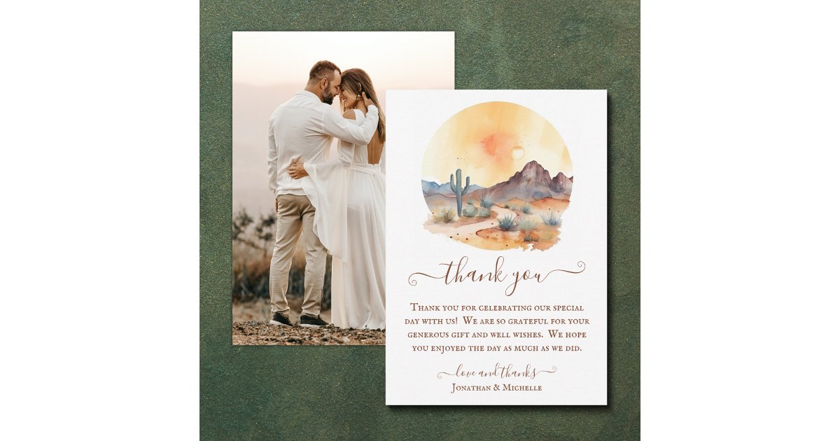 Watercolor Southwestern Desert Photo Wedding Thank You Card | Zazzle