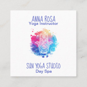 *~* Watercolor Spa Hamsa Hand Yoga Square Business Card