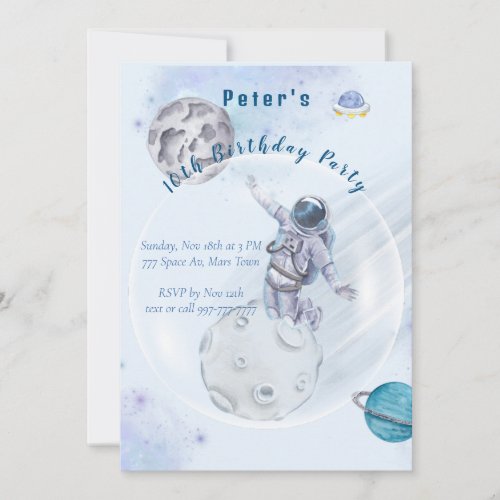 Watercolor Space and Astronaut Birthday invitation