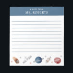 Watercolor Space and Planets Science Teacher Notepad<br><div class="desc">Space themed science teacher notepad with name template on a blue background.  A cute personalized writing paper pad that is lined and features watercolor stars,  satellite,  planets,  rocket ship,  and meteor.  This science themed notepad would make a thoughtful teacher appreciation gift or fun back to school stationery.</div>