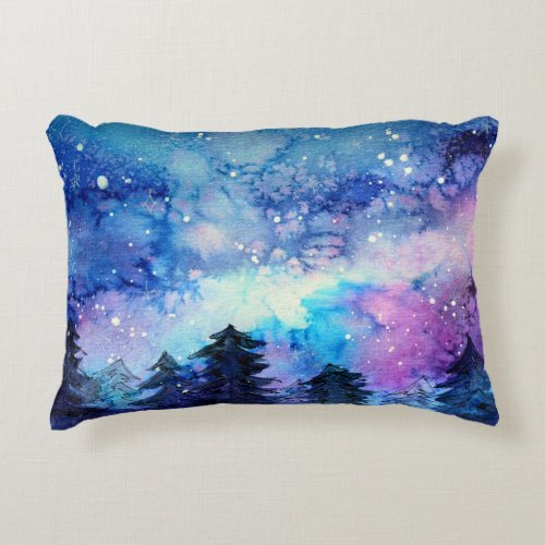 Watercolor Space Art Night Sky Trees Accent Pillow