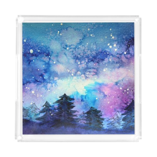 Watercolor Space Art Night Sky Trees Acrylic Tray