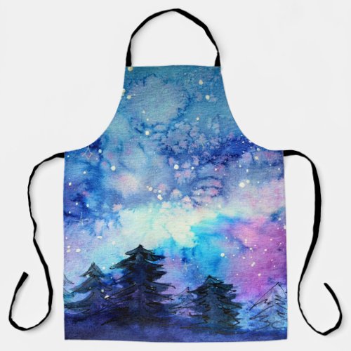 Watercolor Space Art Night Sky Trees Apron