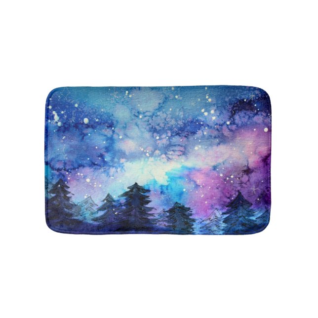 Watercolor Space Art: Night Sky Trees Bath Mat (Front)