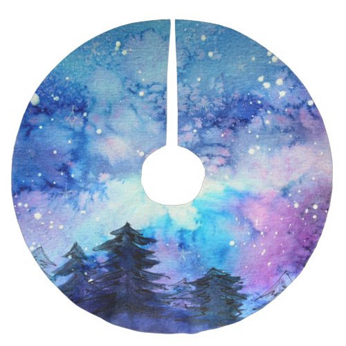 Watercolor Space Art Night Sky Trees Brushed Polyester Tree Skirt