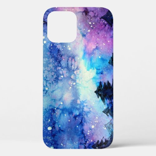 Watercolor Space Art Night Sky Trees iPhone 12 Case