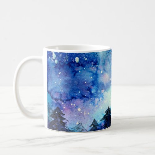 Watercolor Space Art Night Sky Trees Coffee Mug