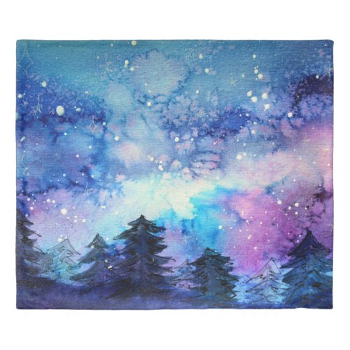 Watercolor Space Art Night Sky Trees Duvet Cover