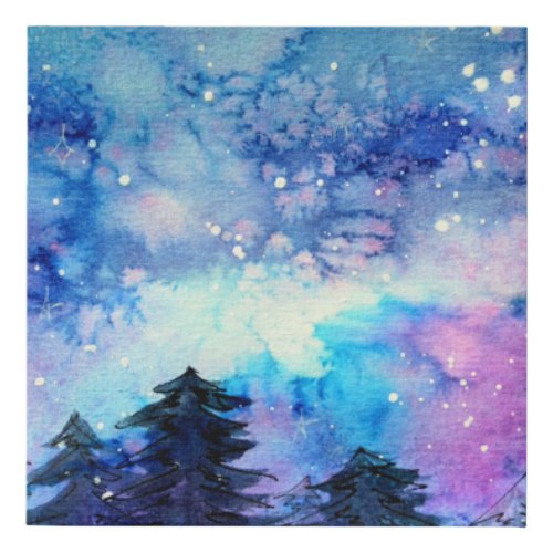 Watercolor Space Art Night Sky Trees Faux Canvas Print