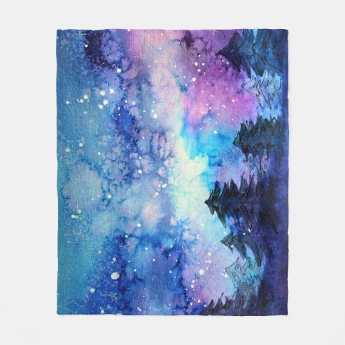 Watercolor Space Art Night Sky Trees Fleece Blanket