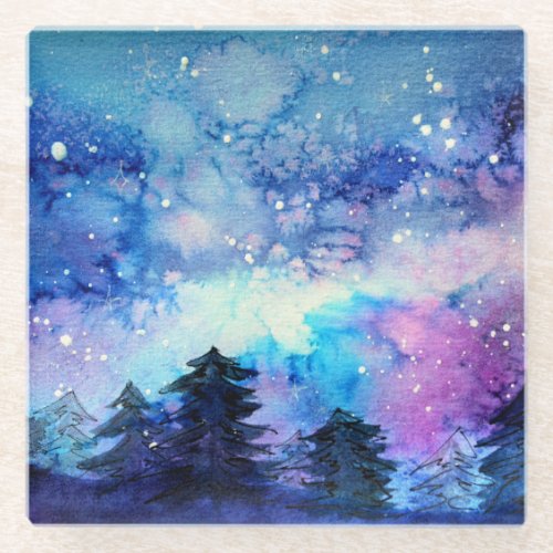 Watercolor Space Art Night Sky Trees Glass Coaster
